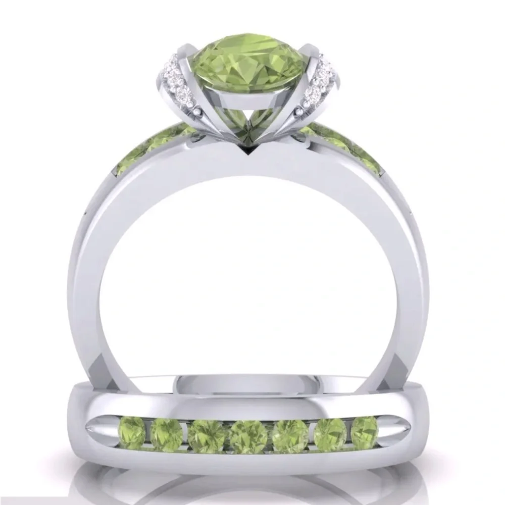 New Sterling Silver Peridot White Sapphires 2pc Ring Set